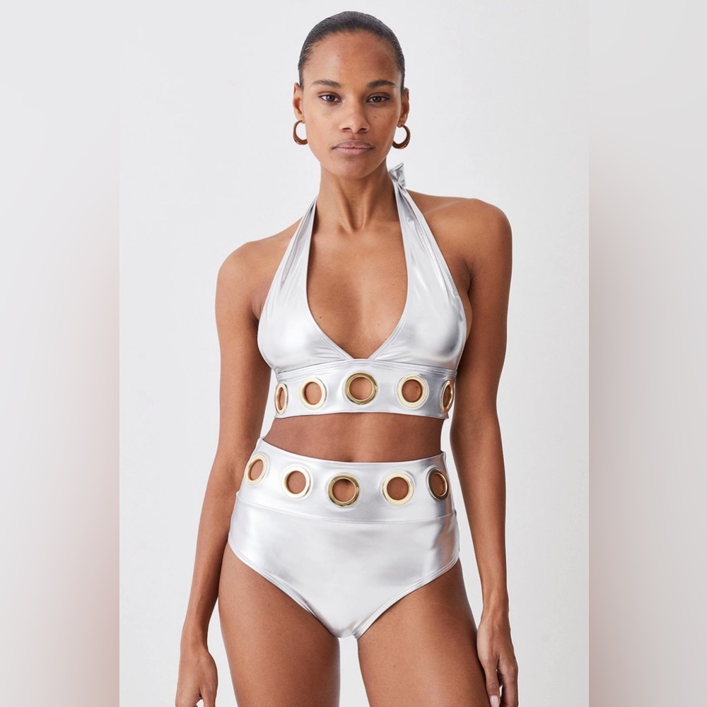 KAREN MILLEN 🆕 Silver Lame Eyelet Detail Halter Neck Bikini. Size XS. SOLD OUT!